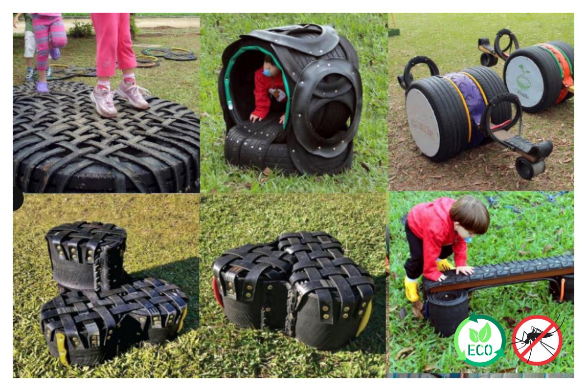 Crianças brincando em parquinho ecológico de pneus