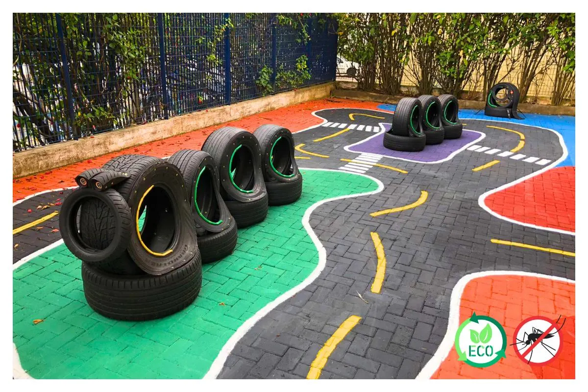 Brinquedos ecológicos em pneus para crianças